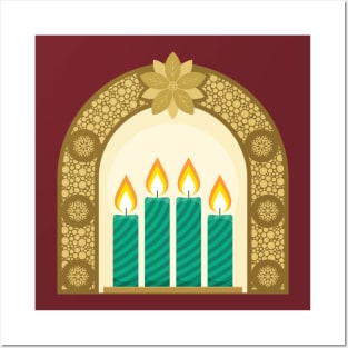 Four Advent candles lit in anticipation of the birth of Jesus Christ Posters and Art